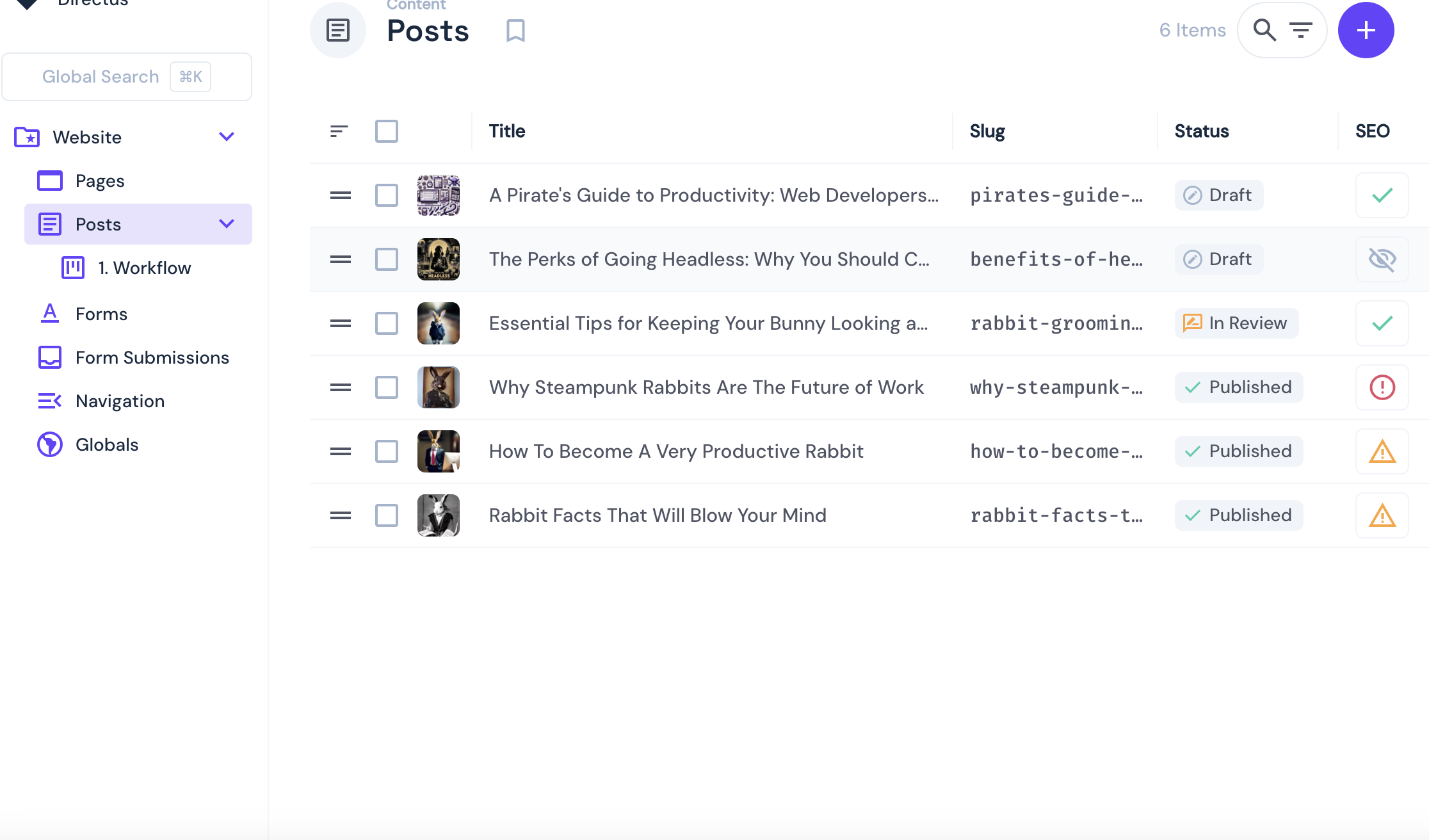 image showing the exisiting posts on directus